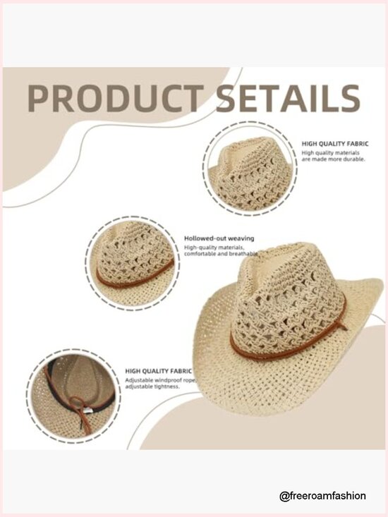 Women Straw Cowboy Hat Wide Brim Sun Beach Cowgirl Summer Western Travel main image 6